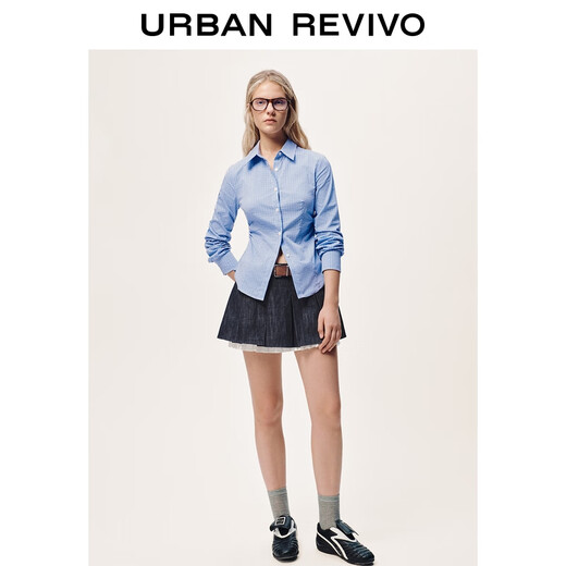 UR2026 Spring New Women's Casual Contrast Color Plaid Lapel Pleated Cardigan Shirt UYL250159 Blue Plaid S