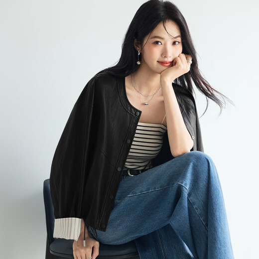 Evely contrasting color flip sleeve retro design hem drawstring versatile casual jacket for women 2025 autumn new style black S 80-105Jin [Jin equals 0.5 kg]