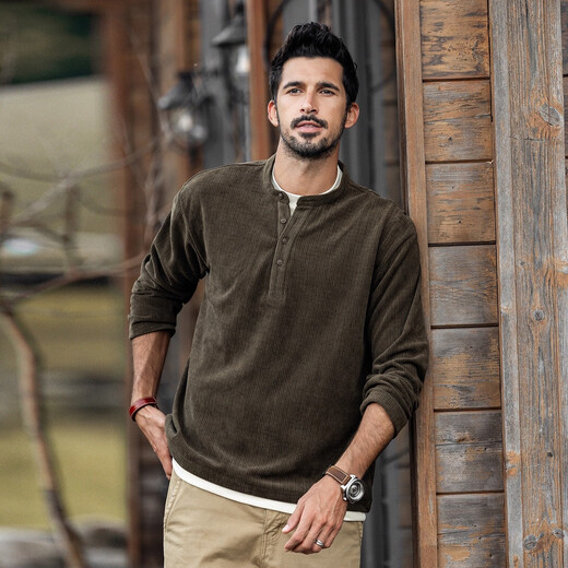 Jay Leno American retro heavyweight sweatshirt men's autumn and winter thickened fake two-piece European velvet men's t-shirt loose henley shirt men's khaki green 400g heavy M suitable for 100-120Jin Jin equals 0.5 kg