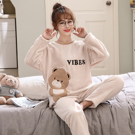 Pajamas, autumn and winter men's couple's pajamas, men's autumn and winter flannel plus velvet women's pajamas, women's thickened men's home clothes, flannel pajamas for women, beige bear L
