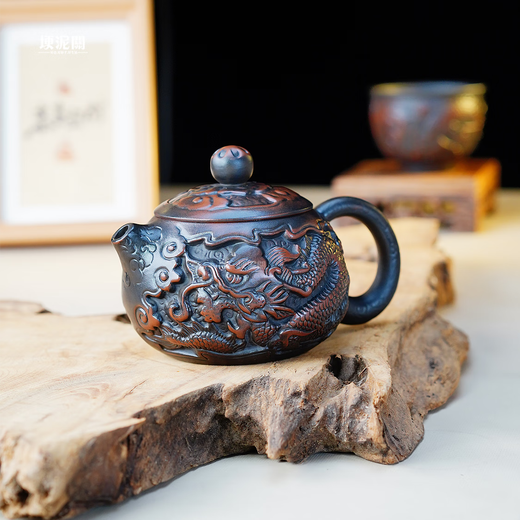 Xishi purple clay teapot with loud phoenix sound, pure handmade dragon pattern purple pottery teapot set, Yunnan purple pottery phoenix teapot, Xishi purple pottery phoenix teapot, 1 piece