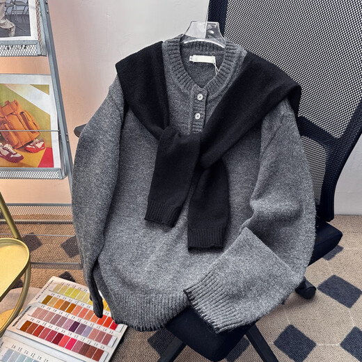 XUEDEYA sweater with shawl for men in autumn fake two-piece shawl sweater for men with trendy lazy style loose henley collar sweater style blue M