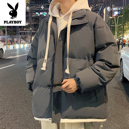 Playboy (PLAYBOY) fake two-piece hooded thickened cotton coat for men autumn and winter 2026 new cotton coat jacket for men loose warm bread coat 636# dark gray M recommended 90~120Jin Jin equals 0.5 kg to wear