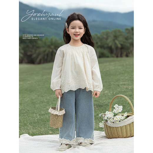 G.duck girls French palace style baby doll spring baby girl three-dimensional full lantern sleeves star hollow lace shirt beige 100 cm