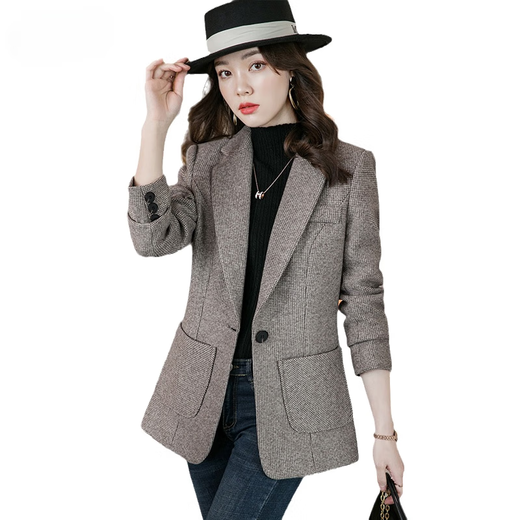 LIIS shopping mall same style high-end jacket 2026 spring and autumn woolen small suit for women thickened small women houndstooth single brown suit XL 110~119Jin Jin equals 0.5 kg