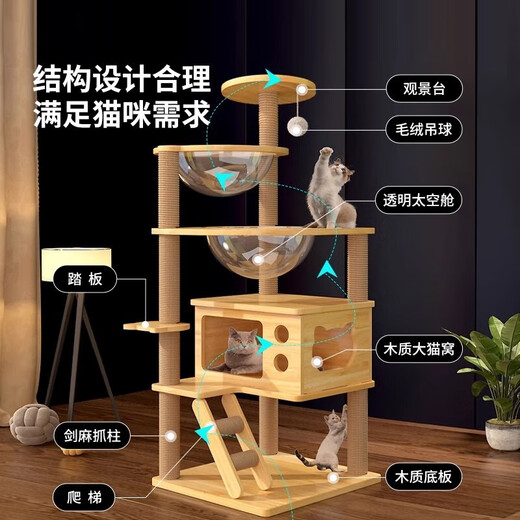 【京东快递】家用猫咪猫爬架太空舱猫树一体猫抓板耐磨跳台猫抓柱 8层剑麻柱【加大猫屋+双太空舱】