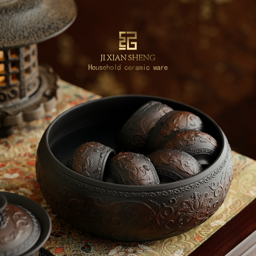 Mr. Ji's Dunhuang Forbidden City Purple Pottery Automatic Teapot, Teacup and Tea Set is a Mid-Autumn Festival birthday gift for the elders. 1. (Twinkle Pattern) Purple Pottery Automatic Set of 9 Pieces in Leather Box