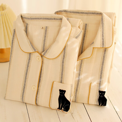 First look for Japanese simple striped high-end pure cotton flannel couple pajamas spring and autumn new men and women casual simple home clothes off-white men's XL