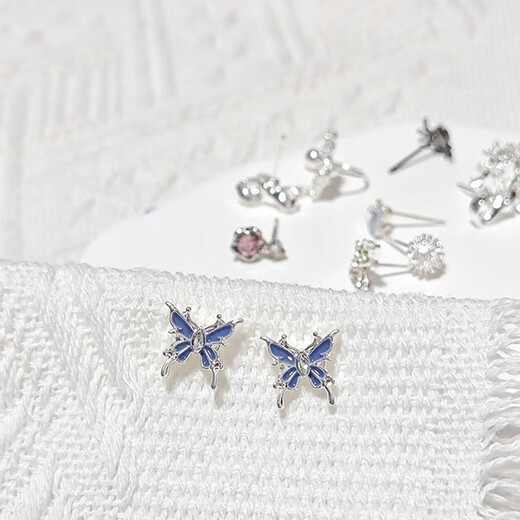 Bangboshi Super Fairy Butterfly One Week Earrings Simple and Versatile Niche Flower Season Girl Series Earrings Small and Sweet Jewelry One Week Earrings Exquisite Blue 5 Pairs