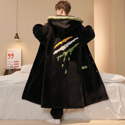 Siqiniao Autumn and Winter Coral Velvet Pajamas Men's Pajamas Large Size Loose Long Bathrobe Men's Winter Flannel Home Clothes Youth 3218# Robe + Pajamas XL (Recommended 130-155 Jin Jin equals 0.5 kg / Height 170-175)