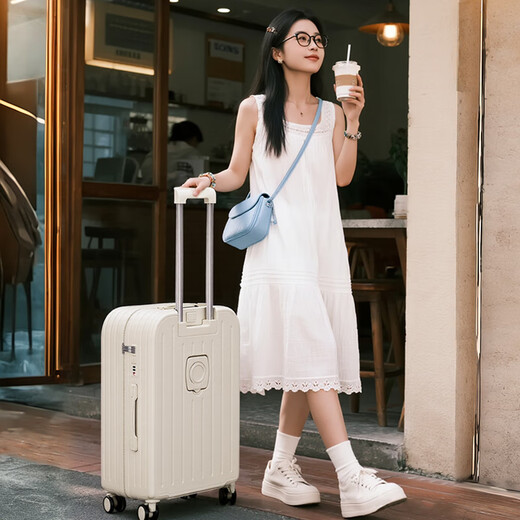 MCHNA KTCC Valise à roulettes multifonctionnelle pour femme, valise solide et durable, roue universelle légère, petite valise d'embarquement avec mot de passe, blanc grain 20 pouces - embarquement disponible