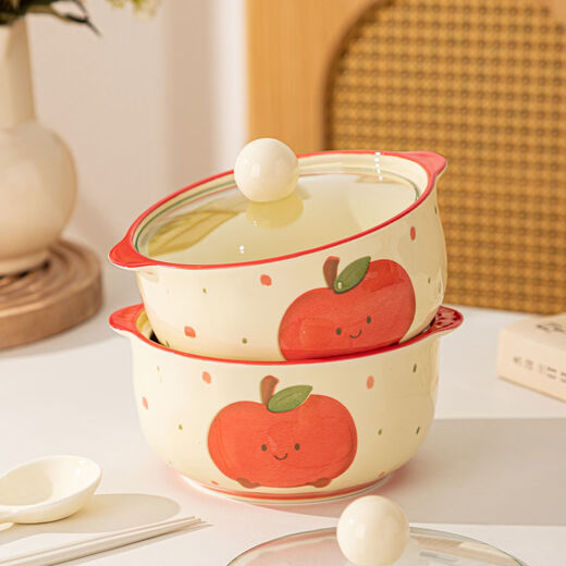 Ceramic instant noodle bowl with lid tableware student dormitory large capacity double-eared snail noodle bowl cute noodle bowl personal use 6-inch apple instant noodle bowl with lid