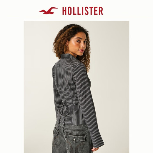 HOLLISTER25 new autumn and winter Y2K hot girl striped poplin trumpet sleeve shirt women's 340-5490 charcoal gray striped M (165/88A)