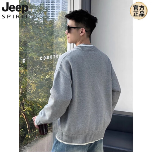 JEEP SPIRIT spring, autumn and winter heavy ins style fake two-piece spliced henley collar sweater for men loose casual versatile solid color V-neck wool gray original custom 900g fabric M recommended 90-125Jin Jin equals 0.5 kg