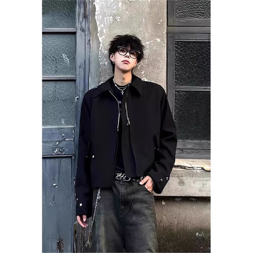 POUM American cleanfit shoulder pad short jacket men's handsome lapel shoulder top design niche jacket trend XKFS-J422 black XL