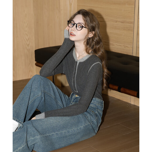 TonLion 2025 Autumn Women's Half-Braid Contrast Color Splicing Knitted Bottoming Shirt