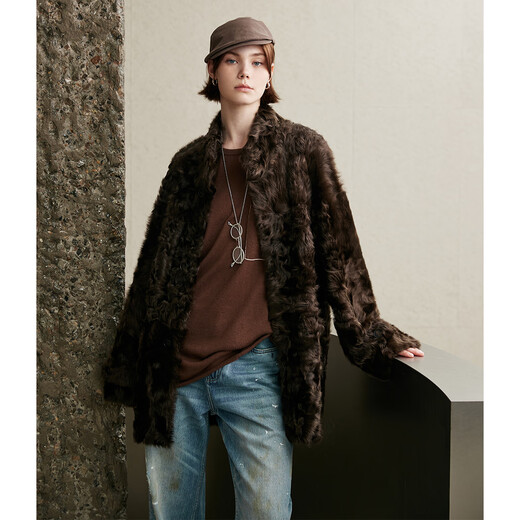 MSBEAST Miss Beast Light and Delicate Little Hu Sheep Natural Curly Hair 0 Pressure Standing Collar Medium Long Fur One-piece Fur Women Ebony Brown S