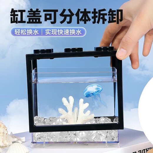 Desktop fish tank, small household building block tank, ecological tank, aquarium, betta fish tank with night light, ambient light ornament, black fish tank, two lights + luminous sand, about a thousand pieces