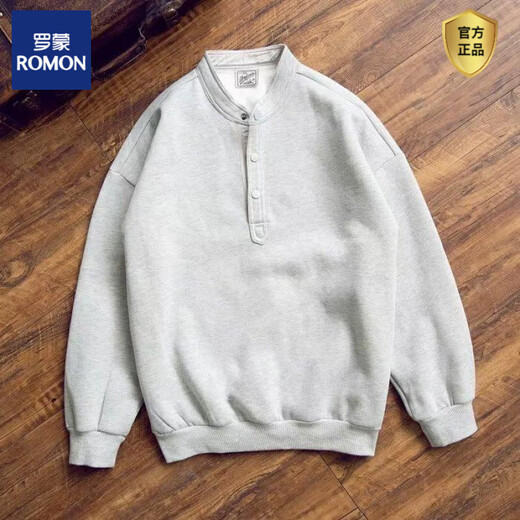ROMON handsome trendy autumn men's henley collar long-sleeved T-shirt bottoming shirt stand-up collar solid color loose casual pullover sweatshirt gray high quality 3XL recommended 150-165Jin Jin equals 0.5 kg