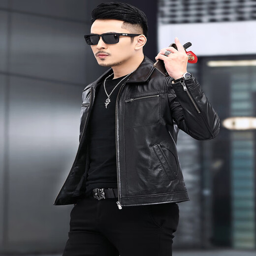 Playboy (PLAYBOY) Genuine Leather Jacket Men's Short Loose Large Pier Layer Calfskin Lapel Autumn and Winter Business Motorcycle Leather Jacket Black Single Style XL