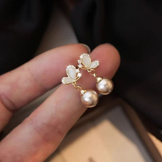 KZD Old Phoenix 999 pure silver pearl earrings temperament butterfly earrings for women anti-allergic niche French style sleep-free champagne color pearl sterling silver earrings 0.89g (silver single)