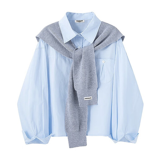 CHOCOOLATE it women's pure cotton blue shirt jacket women's autumn and winter shawl shirt two-piece set layered loose top women's blue shirt two-piece set S