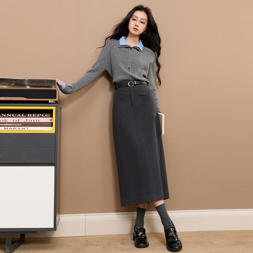 Sancai 2025 Winter New Commuting Skirt Straight Skirt Slit Long Skirt Simple Z Dark Gray Pre-sale Send within 15 days of payment L
