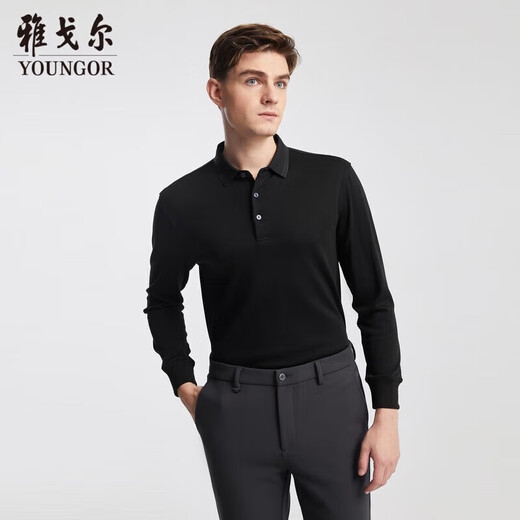 YOUNGOR 25 new cotton modal autumn and winter business casual lapel men's long-sleeved polo shirt black M