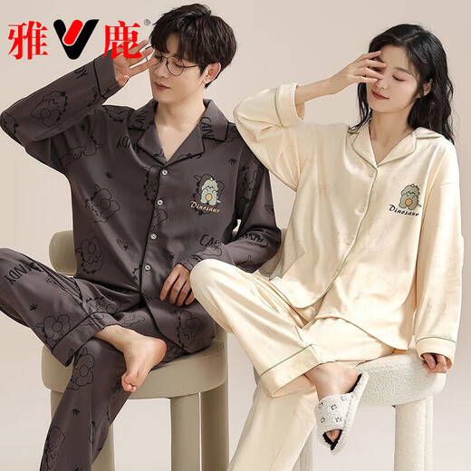 Yalu Couple Pajamas Spring and Autumn Long Sleeve Pure Cotton Men and Women Casual Cute Cartoon Spring Autumn and Winter New Home Clothing Set A17805# XL Men's Single Set