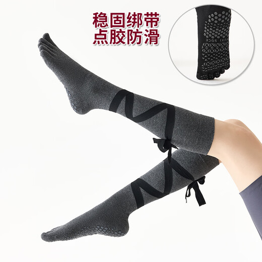 BIBK Japanese Yoga Socks Pilates Socks with Bows for Fitness Special Sports Socks Dotted Anti-Slip Stockings Five Finger Style-Black Pair
