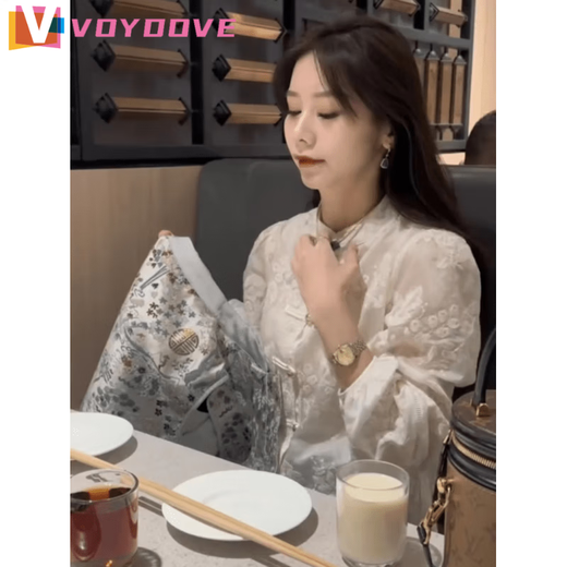 VOYDOVE New Chinese Top Women's Shirt 2025 New Style Light Luxury Spring and Autumn National Style Embroidery Design Shirt Off-White Shirt z M (100-115Jin Jin is equal to 0.5 kg)