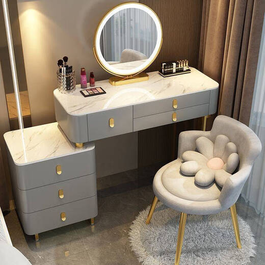 Small apartment solid wood dressing table bedroom modern simple high-end solid wood slate dressing table storage cabinet integrated CHH solid wood frame black handle (7MM slate) white 115.5 three-drawer table + smart mirror + cabinet + bird's nest stool