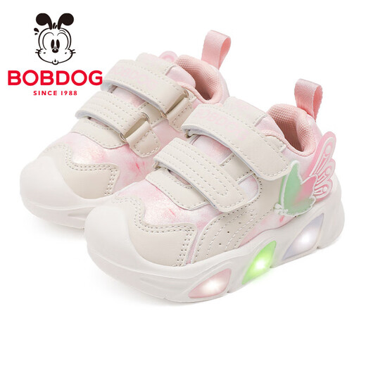 BOBDOG children's shoes for girls, flashing light shoes, autumn and winter children's functional shoes, light-up shoes for girls, toddler shoes, leather surface waterproof, m/light pink (autumn style leather surface) 23, suitable for feet 13.7cm long