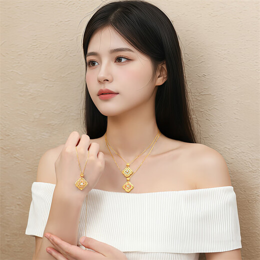 Shipulin 18K gold pendant, new Chinese style four-in-one Ruyi pendant for women, red about 0.6g+pearl+Hetian jade+silver chain