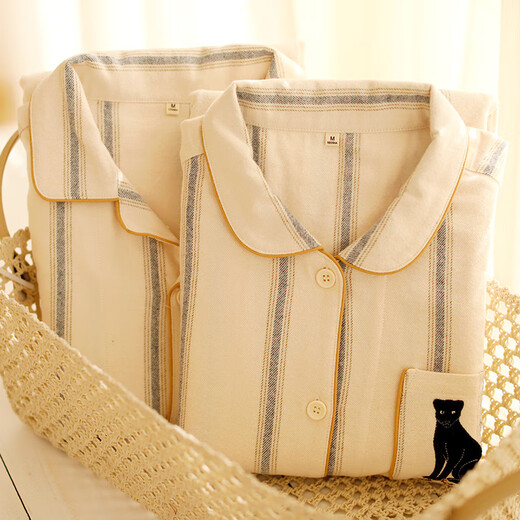 First look for Japanese simple striped high-end pure cotton flannel couple pajamas spring and autumn new men and women casual simple home clothes off-white men's XL