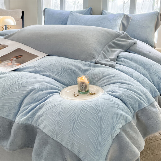 La Chapelle milk velvet four-piece set 2025 new winter thickened coral velvet quilt cover bed sheet three-piece set baby blue + star gray bed sheet style 1.5m four-piece set