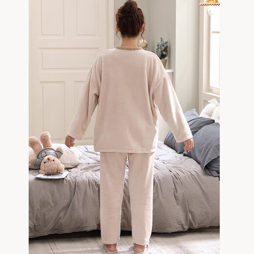 Pajamas, autumn and winter men's couple's pajamas, men's autumn and winter flannel plus velvet women's pajamas, women's thickened men's home clothes, flannel pajamas for women, beige bear L