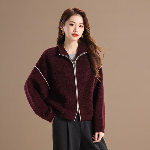 Qianbainian 100% sheep wool thickened warm cardigan sweater for women autumn and winter new double-sided zipper stand collar loose jacket red L