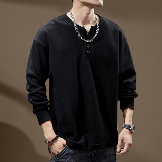 JEEP SPIRIT sweatshirt men's autumn and winter new loose large size American fashion brand top Henry collar bottoming shirt with long sleeves BN201 black XL