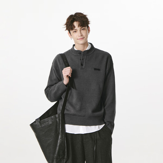 FORNINES relaxed henley collar pullover sweater for men and women in autumn and winter bottoming sweater loose lazy sweater dark gray S
