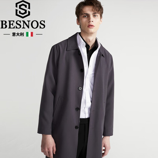 BESNOS Italian brand Balmaken men's windbreaker single-breasted high-end solid color casual autumn mid-length coat gray card color M (170) suitable for weight 100-130Jin Jin equals 0.5 kg