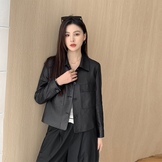 Qianchen Yi Haining New 2025 Spring and Autumn Popular Casual Sheepskin Leather Jacket Genuine Leather Jacket Women's Short Black M