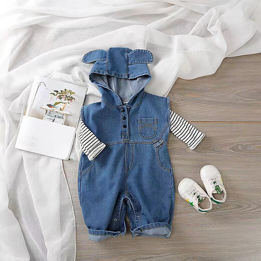 Baby denim outer wear spring and autumn children and girls one-piece Western-style jumpsuit Korean style overalls children's sleeveless pants royal blue hooded one-piece denim overalls 100 (28-35Jin Jin equals 0.5kg)