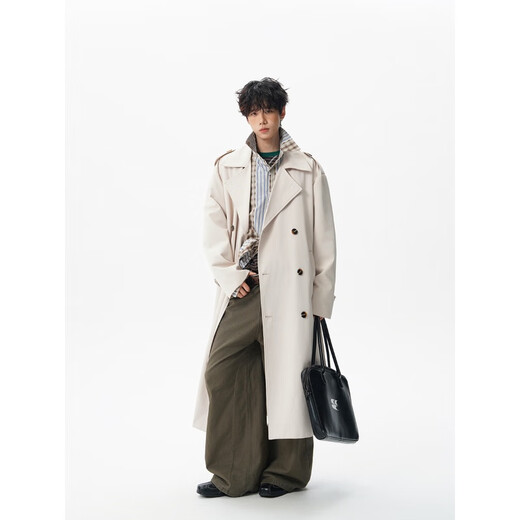 OEMG mid-length British fashion brand double-breasted over-the-knee windbreaker men's coat spring and autumn new retro suit collar coat black L recommended 100-110Jin Jin equals 0.5 kg