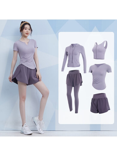 Fanstick Fanstick Yoga Wear Women's Summer New Running Training Elastic Sports Short-Sleeved Top Pilates Purple Lotus Root Five-Piece Set tc62964綶极速出账 S