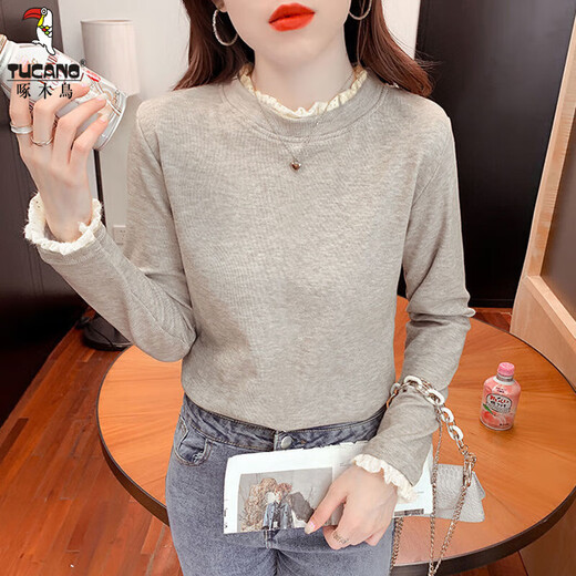 Woodpecker velvet thickened German velvet half turtleneck long-sleeved bottoming shirt for women autumn and winter new inner T-shirt lace warm top oatmeal color one-piece velvet 2XL 125-140Jin Jin equals 0.5 kg