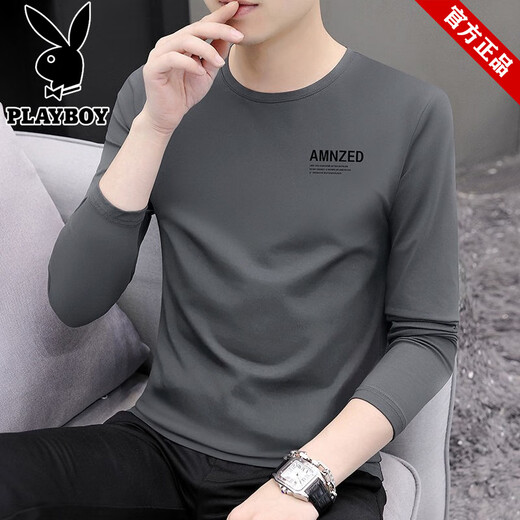 Playboy hochwertiger runder Nacken langärmelige T-Shirt für Männer 2025 Herbst und Winter Neues Basishemd lässig und vielseitige Männer innere Kleidung 9209 Carbon Asche M Empfohlen 70-90jin
