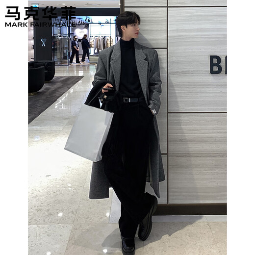 Mark Huafei Woolen Coat Men's Autumn and Winter New Korean Style High-Quality Medium-Length Shoulder-Pad Windbreaker Over-the-Knee Loose Woolen Coat Black (Cotton Style) L 132-150Jin Jin is equal to 0.5 kg