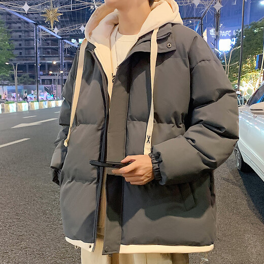 Playboy (PLAYBOY) fake two-piece hooded thickened cotton coat for men autumn and winter 2026 new cotton coat jacket for men loose warm bread coat 636# dark gray M recommended 90~120Jin Jin equals 0.5 kg to wear