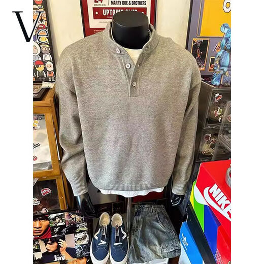 VE gray Henry collar sweatshirt men's autumn lazy style high-end sweater cleanfit bottoming shirt light gray //VE selection buttons Please refer to the explanation video M Recommendation 95-110Jin Jin is equal to 0.5 kg